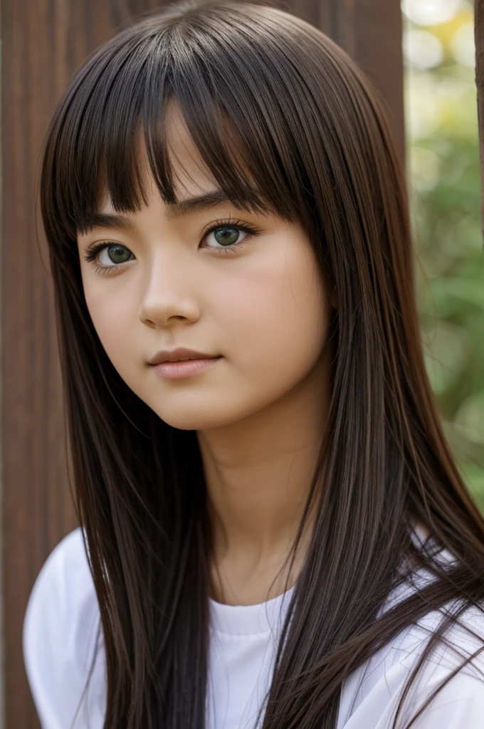 A character similar to 12-year-old Hinata Hyuga but with green eyes and long hair