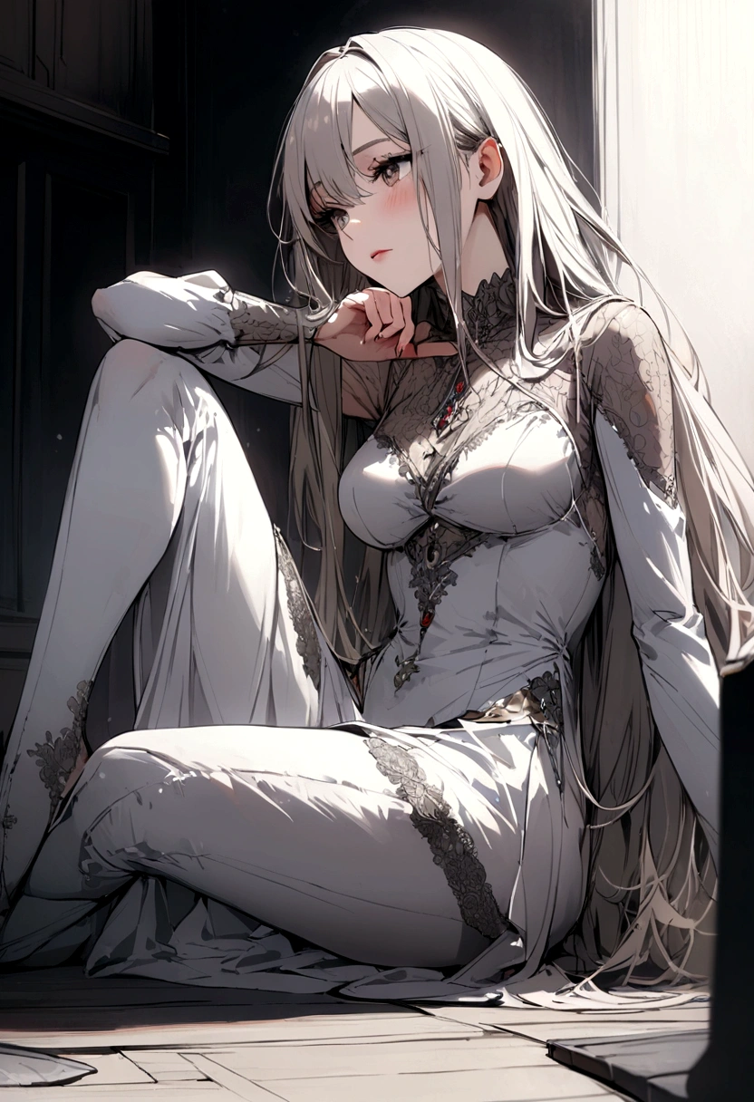 Pirotess dark elf. 1girl, white silver long hair, tellow eyes, white dress, black stockings, white high heels, jewelry necklace, fur coat, portrait