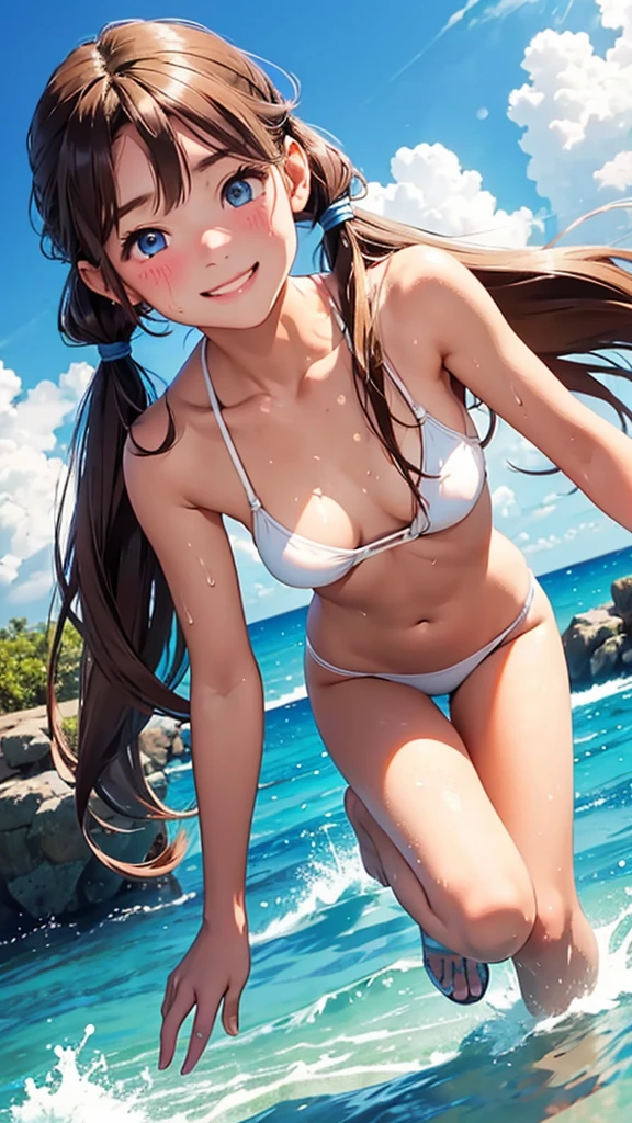 highest quality、Realistic、zoom、Chestnut Hair、Blue Eyes、Twin tails、Swimwear、Sunburned、Tan、Brown Skin、Sweat、smile、Ocean、Small breasts、Full Body、