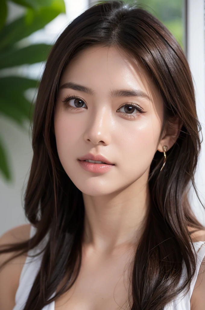 Face of a beautiful 24 year old Colombian woman with brown hair, lightly tanned skin, les yeux verts 