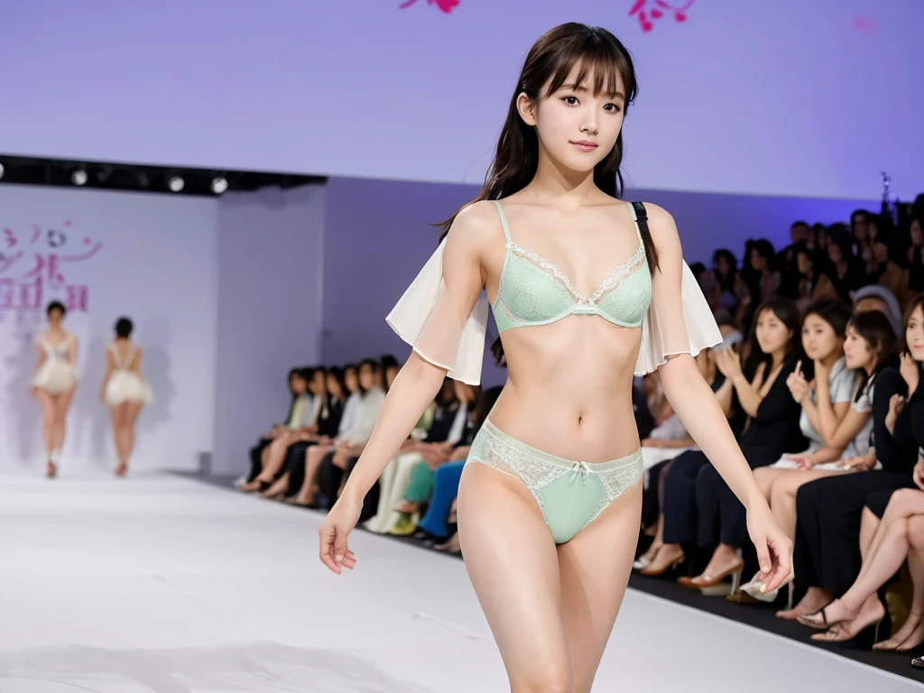 A live-action photo of an extremely beautiful Japanese high school girl race queen who highlights her beautiful legs、She was photographed walking down the runway at a fashion show wearing Gooseberry Lingerie's new underwear.、She is an eternal idol who combines a clean look with modern charm.。 She creates such beauty。 She feels her own warmth。 She creates a warm atmosphere。 We create beauty。 That's what I want to say。 In her full body photo、The figure features porcelain-like skin and golden hair that radiates a soft glow.。 This is probably、It captured the essence of her timeless charm.、This is the best shot ever.。 Each straight line and curve is carefully expressed.、Breathtakingly beautiful with impeccable detail。 This piece perfectly captures her timeless beauty.。 Divine Proportions、Sharp focus、Full-body photo taken by Kishin Shinoyama、high quality、High resolution、Detailed Background