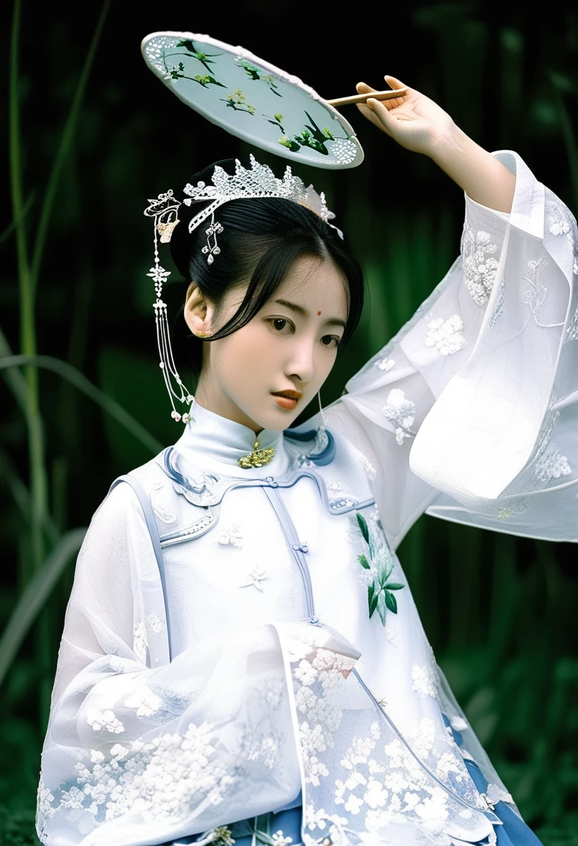 photography,Inspired by Song Huizong,4K
,photo by Wong Kar-wai, a 18 year old Chinese girl, wearing an
embroidery craft cheongsam, holding a fan, wearing a delicate hanfu
on her head, dramatic flower scattering