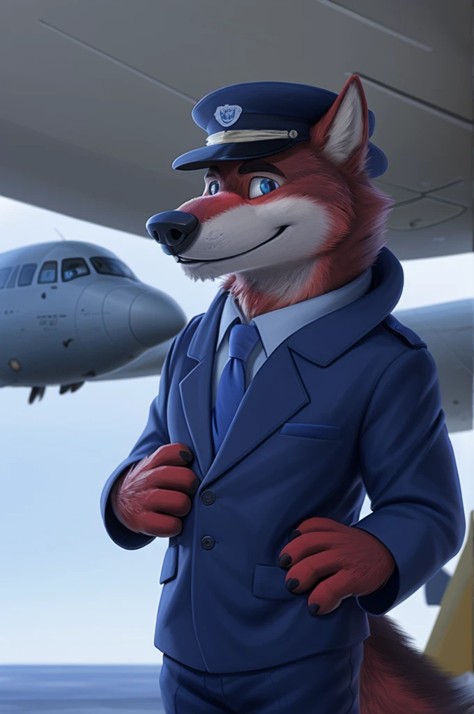 Ivan Fedorovich Wolfbach (Novosibirsk) ,высокий Beautiful, wolf,young, 24 years, brown fur,Kind,(red body:1.3),beautiful blue eyes,Novosibirsk,dressed,civil aviation pilot uniform,White shirt,epaulets командира, черный tie, trousers,airline pilot, commander's cap, trousers,canine, wolf, detailed fur, male, second, paw pads, finger claws,At the viewer, 5 fingers, paws, 5 fingers, smile, wrist watch, т nextel,by xenoforge, (difficult, high detail, digital photography, soft focus, RAW,goes for a walk, ,Very close to the camera,airport,Novosibirsk, smile, good mood, positive, Very close to the camera,without hair, epaulets captain, shoulder straps, pilot, airline epaulets,
Photorealism, realistic, photorealistic, digital style, Subsurface scattering,I look at the viewer,стоит White shirt, epaulets, captain, trousers, tie, next to a Boeing 747 400 plane,smile, teeth, Beautiful,
masterpiece, Best quality, ultra realistic, 8 thousand.)