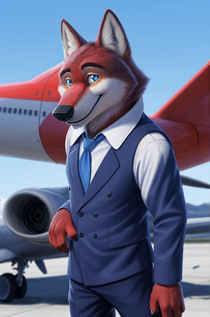 Ivan Fedorovich Wolfbach (Novosibirsk) ,высокий Beautiful, wolf,young, 24 years, brown fur,Kind,(red body:1.3),beautiful blue eyes,Novosibirsk,dressed,civil aviation pilot uniform,White shirt,epaulets командира, черный tie, trousers,airline pilot, commander&#39;s cap, trousers,canine, wolf, detailed fur, male, second, paw pads, finger claws,At the viewer, 5 fingers, paws, 5 fingers, smile, wrist watch, т nextel,by xenoforge, (difficult, high detail, digital photography, soft focus, RAW,goes for a walk, ,Very close to the camera,airport,Novosibirsk, smile, good mood, positive, Very close to the camera,without hair, epaulets captain, shoulder straps, pilot, airline epaulets, 
Photorealism, realistic, photorealistic, digital style, Subsurface scattering,I look at the viewer,стоит White shirt, epaulets, captain, trousers, tie, next to a Boeing 747 400 plane,smile, teeth, Beautiful, 
masterpiece, Best quality, ultra realistic, 8 thousand.)