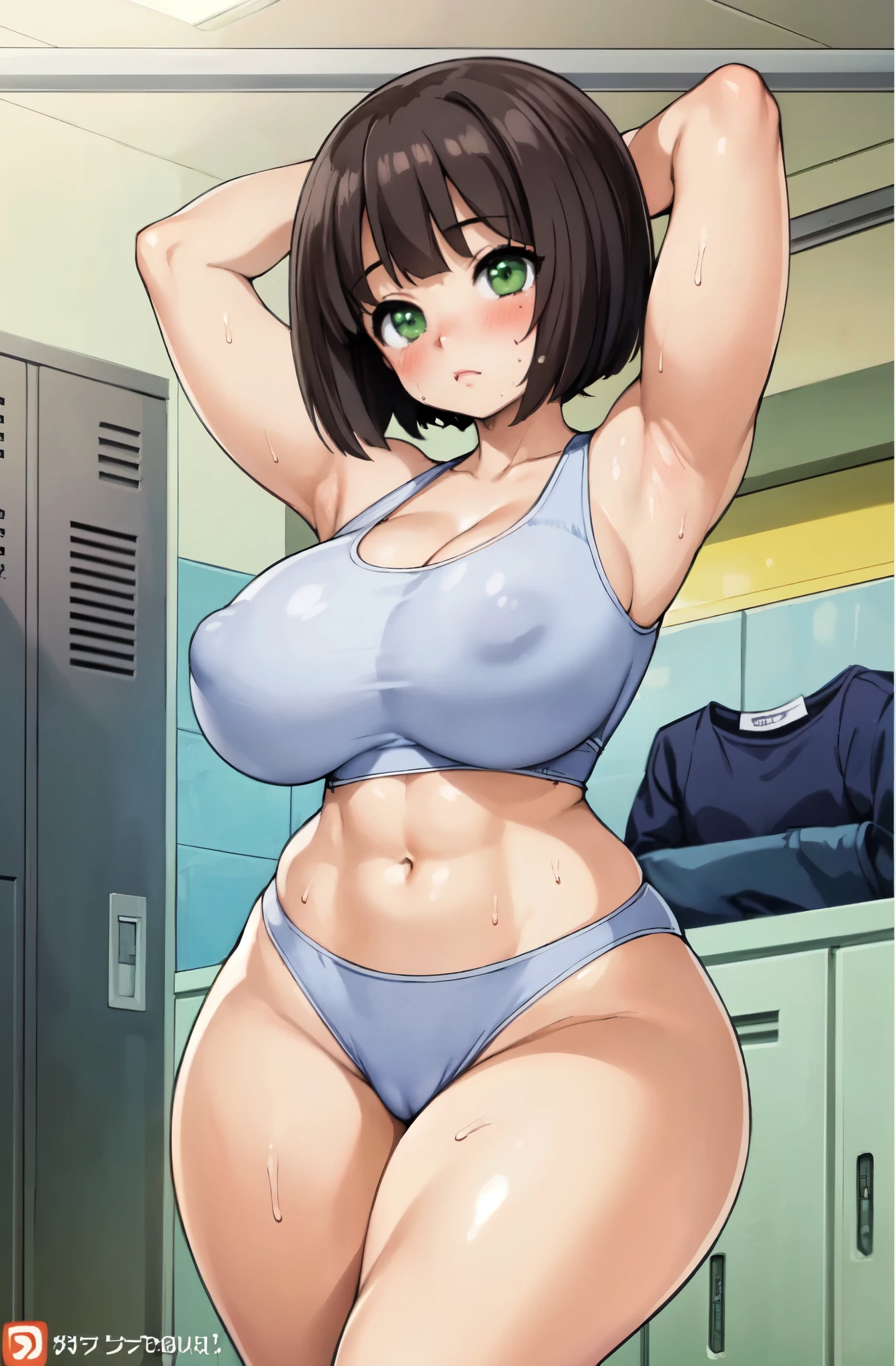 ((Table t○p, Highest quality, High Resolution、Anime Screen Capture、Pixel Perfect, 8K)))、Perfect Anat○my、((((Muscular))))、(((Huge breasts、Wide Hips、Wide thighs)))、(B○th armpits、Place your hands behind your head、Kneel)、((Navy Blue Sports Bra))、((vapor、Sweat)), vap○r,(Green Eyes)、((Bobcut、Brown Hair、Single Braid)), ((:or))、(Embarrassing、blush)、(locker room)、from the front