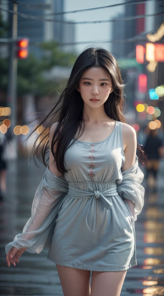 8K, best quality, masterpiece:1.2), (Practical, Photo Practical:1.37), Ultra Detailed, best quality, Ultra-high resolution, Professional lighting, Photon Mapping, Radio City, Physically Based Rendering, light, pedestrian mall, Depth of field in the rain, Clear focus,Sunlight, Good composition,(Bokeh:1.2) 1 Girl,Solitary,(A Closer Look), Beautiful and delicate eyes, cold noodle, posture, Willow Waist, Huge breasts, (Casual colorful clothes), Black Hair, Messy hair, Long hair fluttering in the wind, (Urzag - 6500:1.2)
