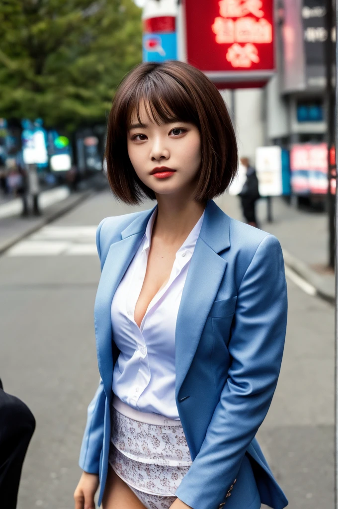 a 19 year old face of the most beautiful actress in the world, the perfect body proportions of a female, blazer is worn with formal shirt on female upper body, female crotch in panties between bare legs are seen a little thanks to skirt is too short, the short hair cut for a female, standing, at the city street, nsfw, best quality, highly detailed, masterpiece, ultra high res, photo realistic, 8k