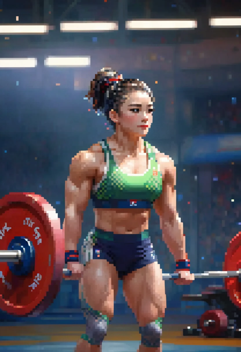 masterpiece, (textured skin), best quality,   weightlifting athlete) detailed clothes, cinematic lighting, (at weightlifting venue ), pixel