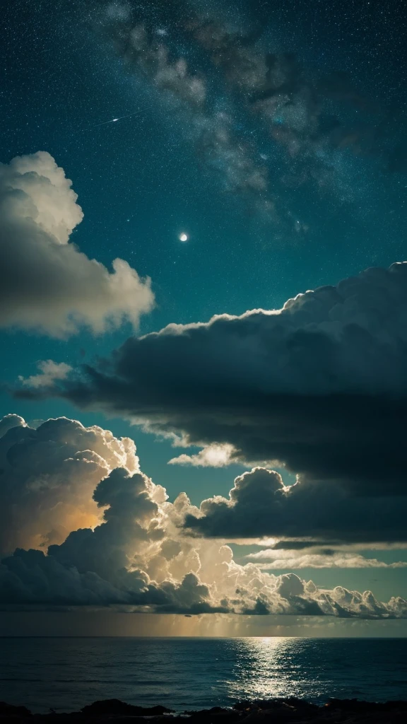 moon, night, null, full, dark, Ocean, null間, stars, clouds, 惑star, moonLight, green, Ocean, Light, cloud, water, star, nature, landscape, astronomy, black, universe, horizon, bright, Fantasy