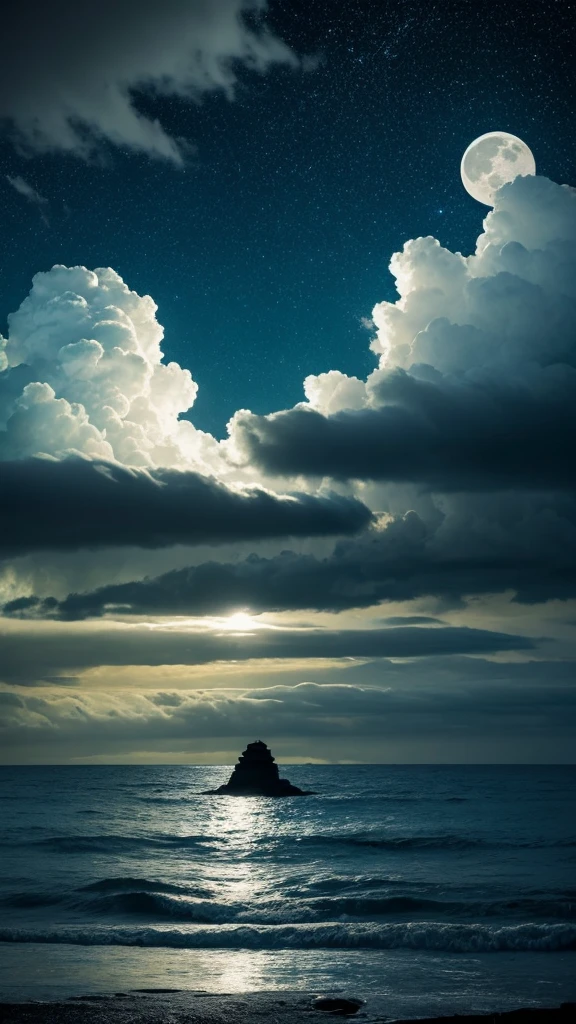 moon, night, null, full, dark, Ocean, null間, stars, clouds, 惑star, moonLight, green, Ocean, Light, cloud, water, star, nature, landscape, astronomy, black, universe, horizon, bright, Fantasy
