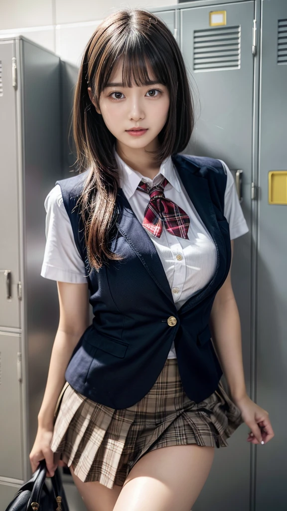masterpiece, best quality, illustration, Super detailed, fine details, High resolution, 8K,wall paper, perfect dynamic composition,(Details High quality, realistic depiction of eyes:1.3), upper body, locker room、High school girl uniform、blazer 、Super Short Check Uniform Skirt、Colossal tits、Disturbed uniform, short bob hair, black hair color, huge breasts, Big Natural Color Lip, bold sexy pose, (perfect body shape), crying a little、Harajuku style、20 year old girl