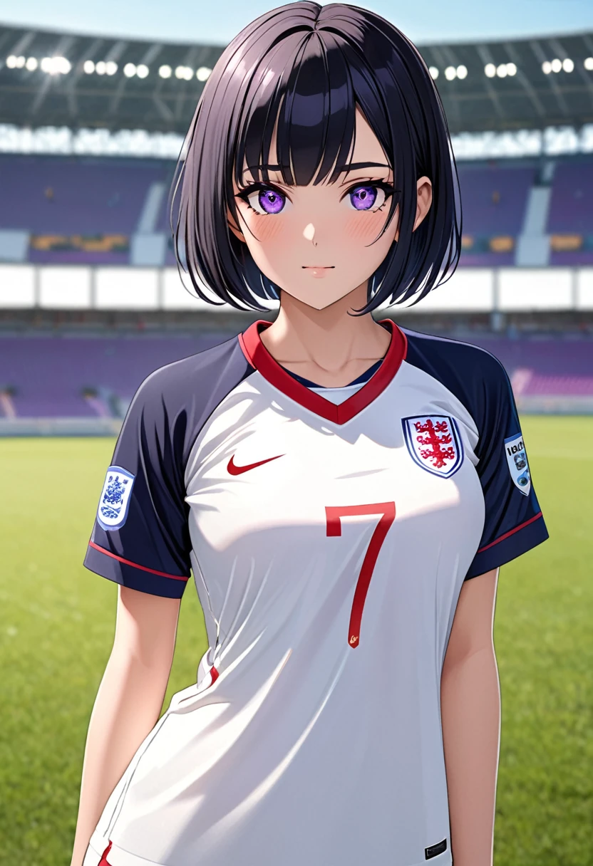 Top quality, masterpiece, high resolution, girl, wearing an England football jersey, short hair, straight hair, and black hair, hazel right eye, purple left eye, cool face, big breast, field background