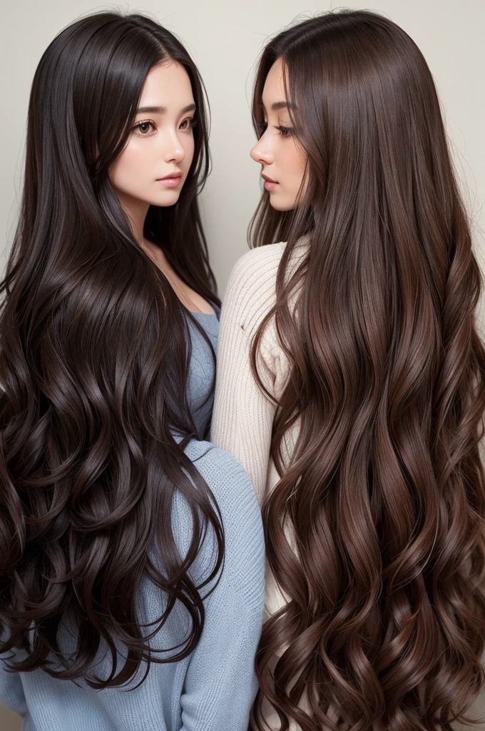 create a woman with dark brown wavy hair next to another woman with dark brown curly hair next to another woman with dark brown straight hair, all with long hair and must be facing away