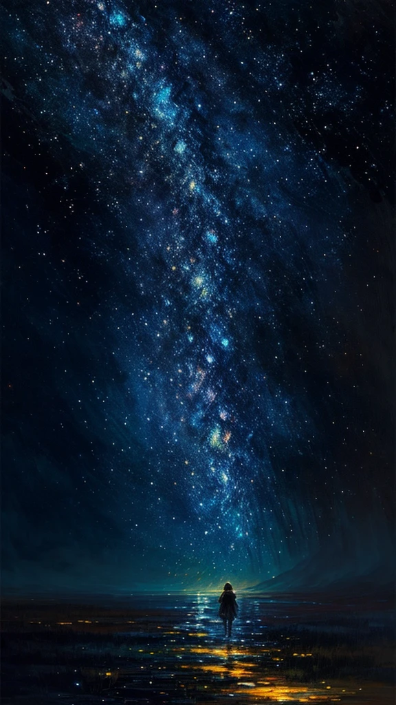 high quality, Impressionism, Abstract, Brushstrokes, palette knife, canvas, Alone in the dark, Starry Night Sky, Tranquility, material, Chiaroscuro, Contrast, Harmony, texture, by yukisakura, Amazing full color, Abstract背景