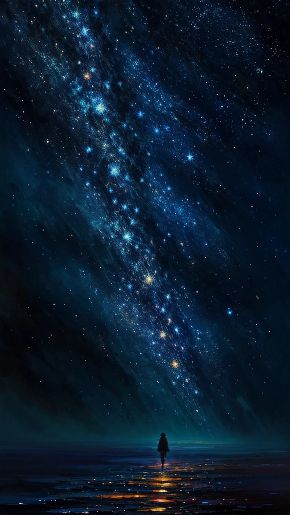 high quality, Impressionism, Abstract, Brushstrokes, palette knife, canvas, Alone in the dark, Starry Night Sky, Tranquility, material, Chiaroscuro, Contrast, Harmony, texture, by yukisakura, Amazing full color, Abstract背景