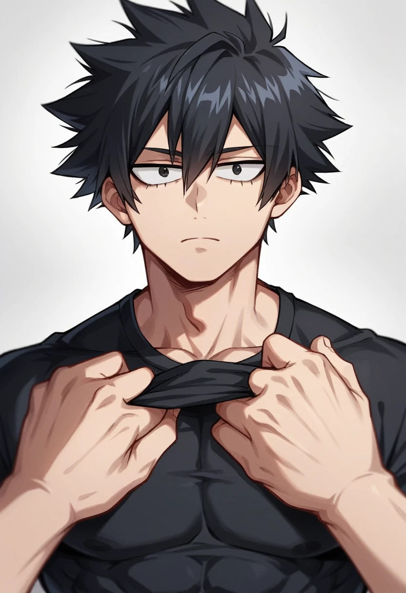 A highschool boy, handsome, perfect body, black hair, short hair, mullet black eyes, expressionless, black shirt, anime, first-person view, My Hero Academia art style, masterpiece, anatomically correct, high details, highres, best quality, super detail, 1080P