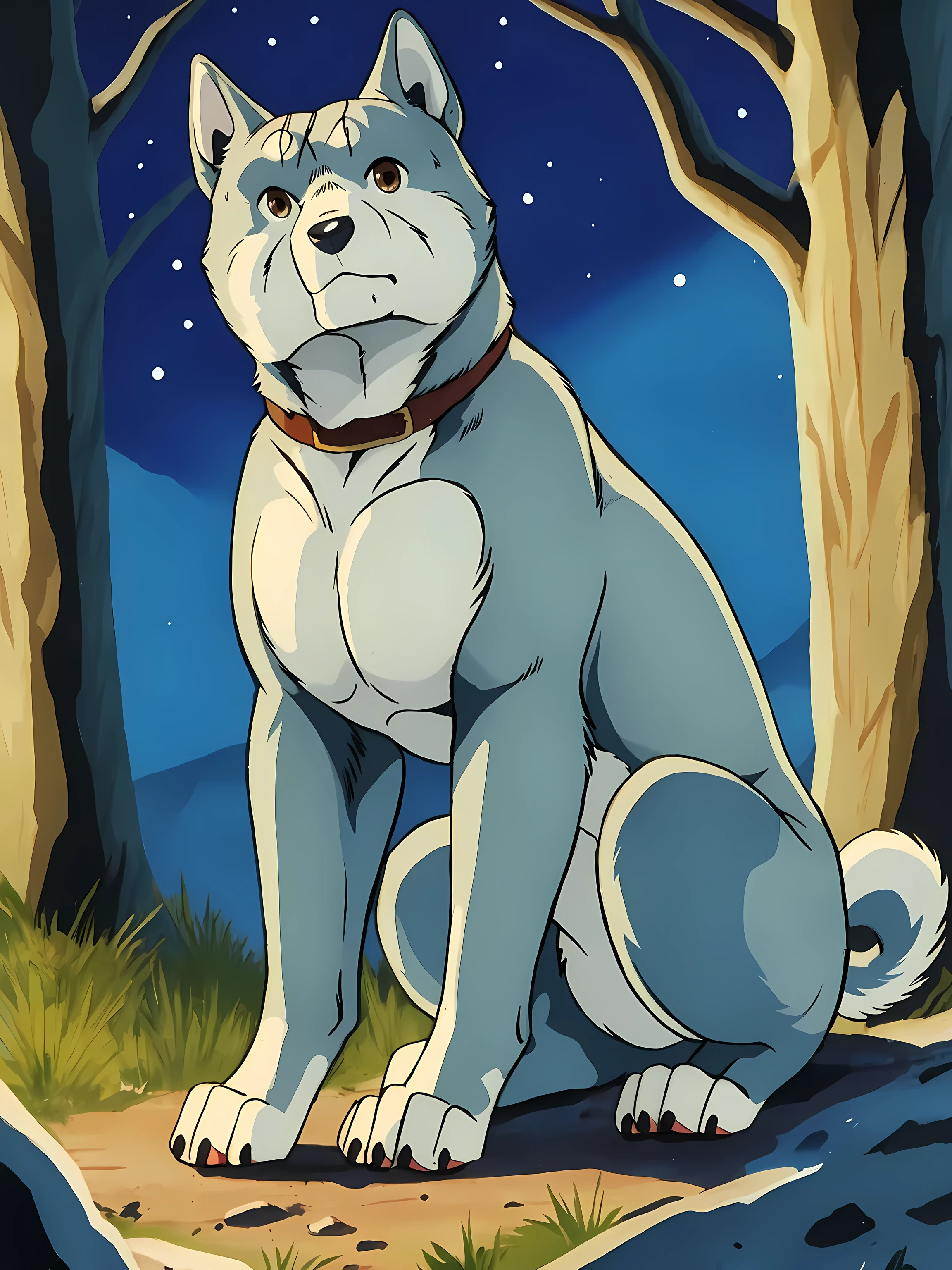 gin (ginga), black collar, dog, brown eyes, glinting eyes, detailed eyes, detailed collar, young, male, feral, quadruped, full body:1.1, pectorals, paws, detailed, high quality, best resolution, solo, forest background, tail, by negger, by marjani, cel shaded, light blue fur, light blue paws, sitting