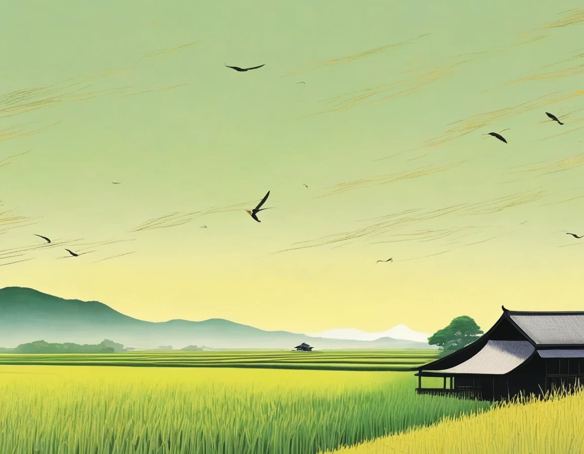 A beautiful illustration, Endless rice fields, half yellow half green, Will Barnett (Will Barnet) modeling, Attached are 50D movie stills, Idyllic, Rural, panoramic,