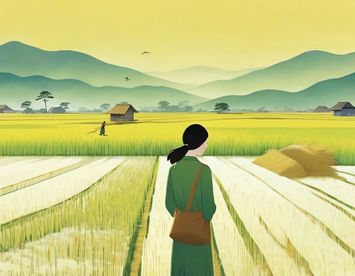 A beautiful illustration, Endless rice fields, half yellow half green, Will Barnett (Will Barnet) modeling, Attached are 50D movie stills, Idyllic, Rural, panoramic,
