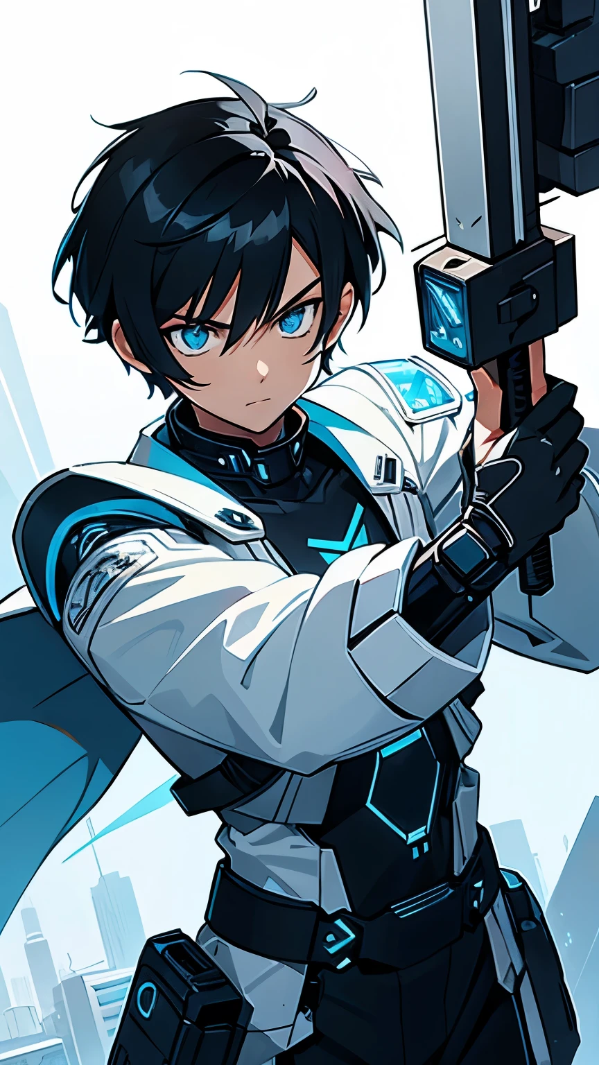 Young male, fair skin, black hair, light blue eyes, futuristic cybernetic armor, holding an electric sword, in a futuristic world
