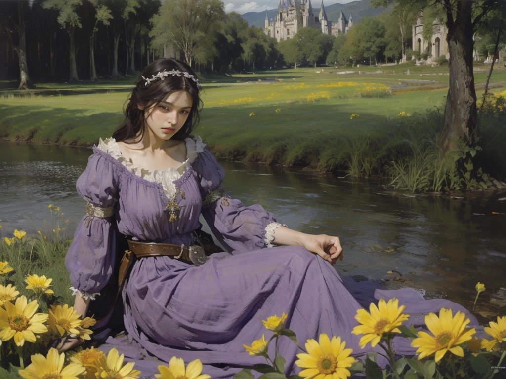 a full body girl wearing a purple and white medieval dress dancing in a battlefield,with a great castle mid a open landscape,detailed eyes and mouth,megalomania,city ruins,bealtifull landscape,yellow flowers field,old trees,little lake on corner,detailed,oil painting,noise,film grain,renascentist,frame,art style,art nouveau,far camera,shadow of the colossus,fellings