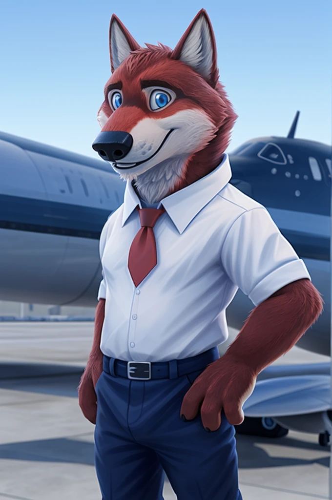 Ivan Fedorovich Wolfbach (Novosibirsk) ,высокий Beautiful, wolf,young, 24 years, brown fur,Kind,(red body:1.3),beautiful blue eyes,Novosibirsk,dressed,civil aviation pilot uniform,White shirt,epaulets командира, черный tie, trousers,airline pilot, commander&#39;s cap, trousers,canine, wolf, detailed fur, male, second, paw pads, finger claws,At the viewer, 5 fingers, paws, 5 fingers, smile, wrist watch, т nextel,by xenoforge, (difficult, high detail, digital photography, soft focus, RAW,goes for a walk, ,Very close to the camera,airport,Novosibirsk, smile, good mood, positive, Very close to the camera,without hair, epaulets captain, shoulder straps, pilot, airline epaulets, 
Photorealism, realistic, photorealistic, digital style, Subsurface scattering,I look at the viewer,стоит White shirt, epaulets, captain, trousers, tie, next to a Boeing 747 400 plane,smile, teeth, Beautiful, 
masterpiece, Best quality, ultra realistic, 8 thousand.)