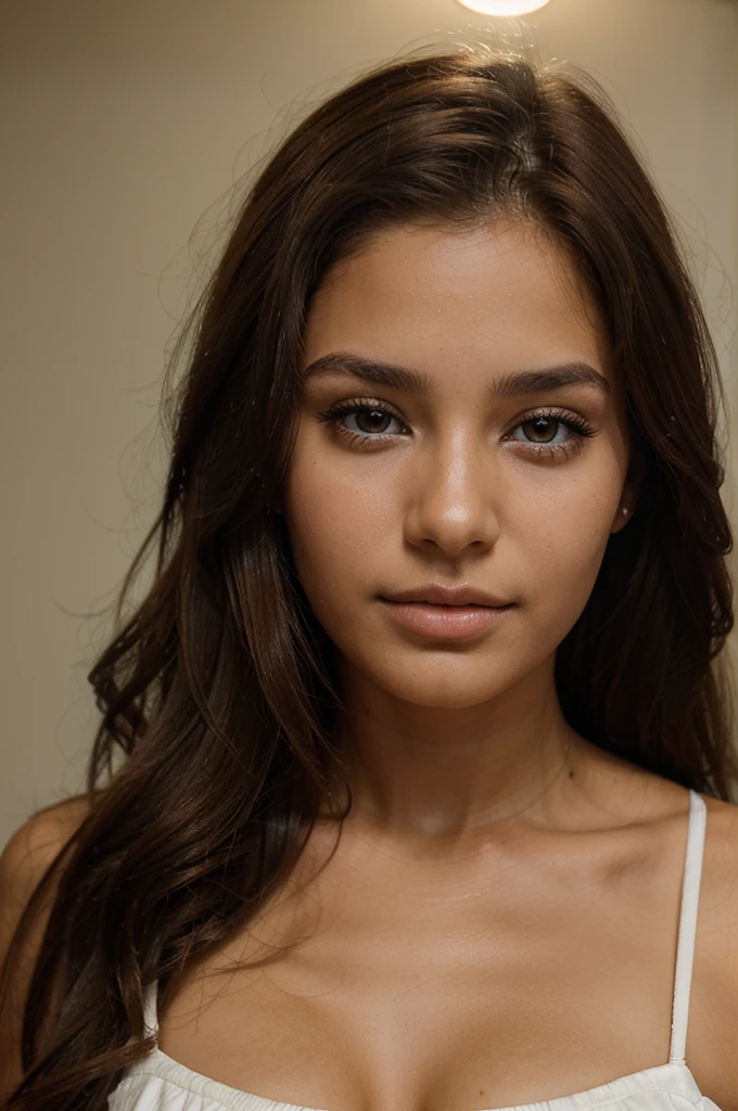 Face of a beautiful 24 year old Colombian woman with brown hair, lightly tanned skin, les yeux verts