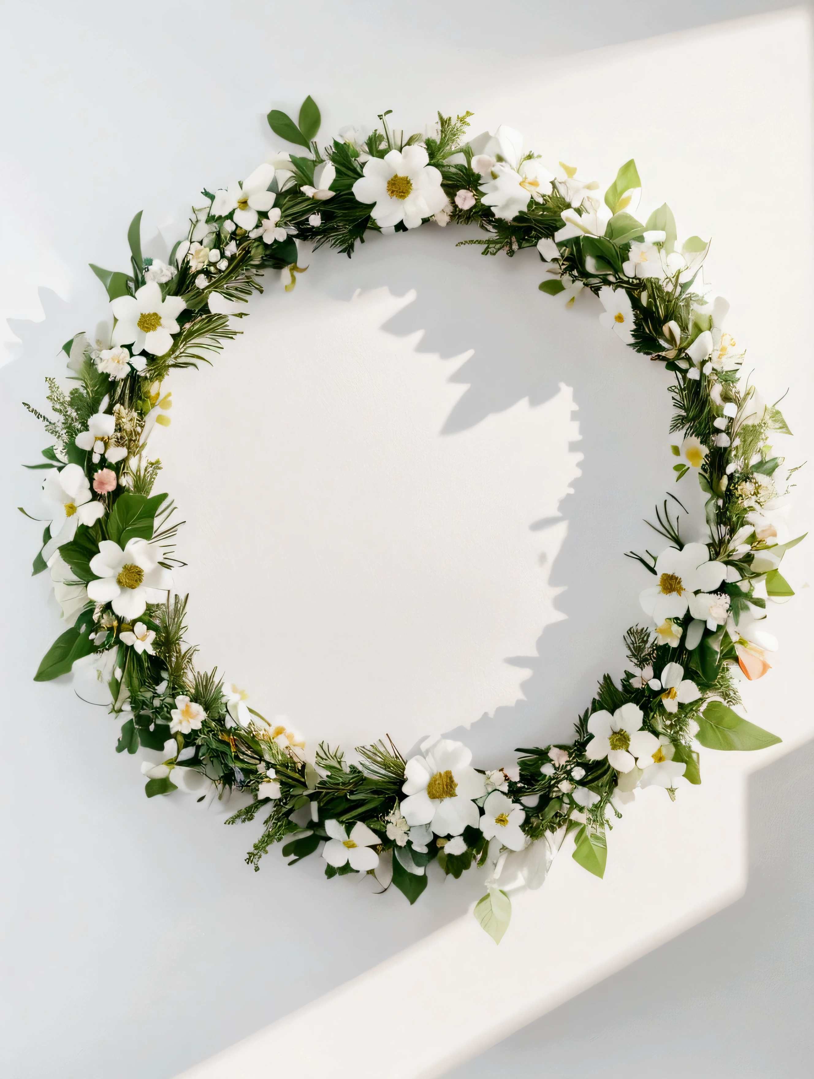 White background,a wreath, Made of flowers, Perfect minimalist composition, , elegant composition, Beautiful composition 3-d 4k, Background still life photo