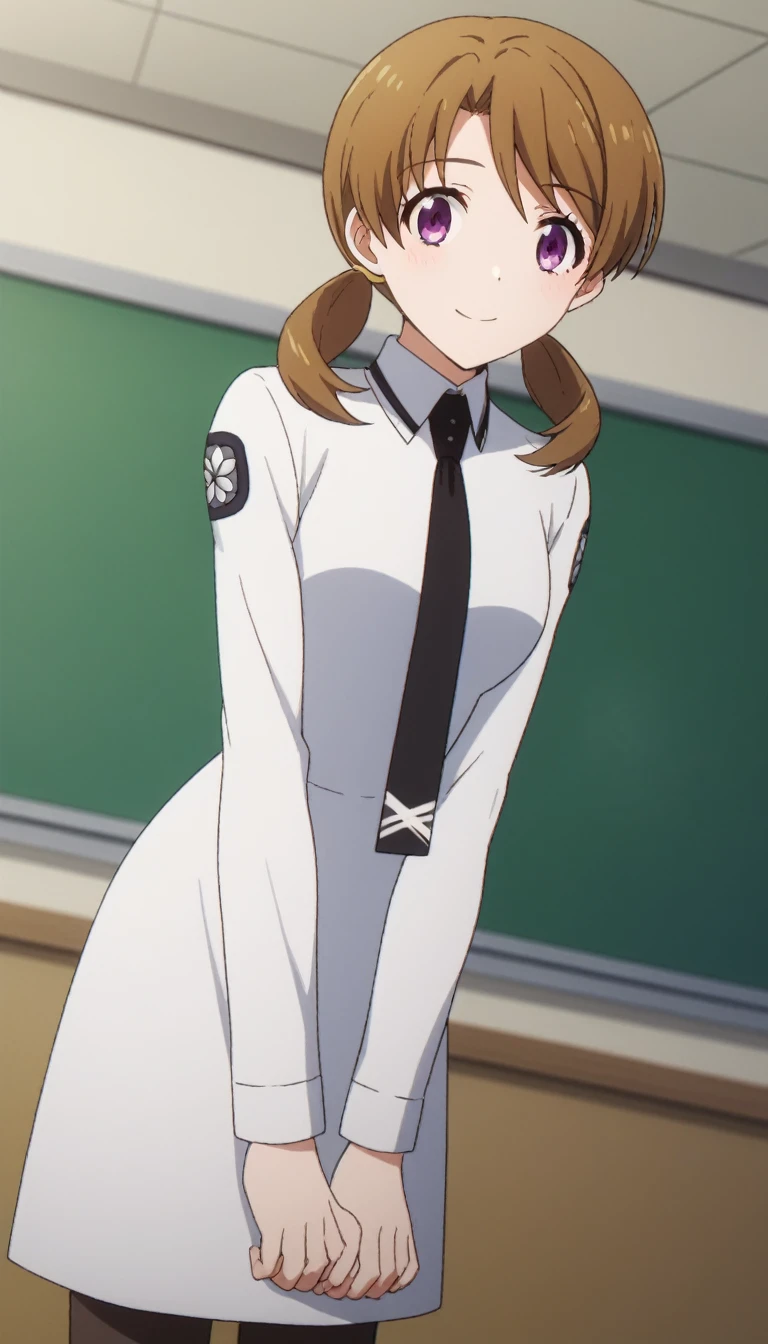 score_9, score_8_up, score_7_up, source_anime,
honokamitsui, honoka mitsui, bangs, brown hair, twintails, purple eyes, low twintails,
long sleeves, dress, , pantyhose, necktie, white dress, black necktie,
indoors, classroom, bent over, smile,
solo, dutch angle, looking at viewer, cowboy shot,