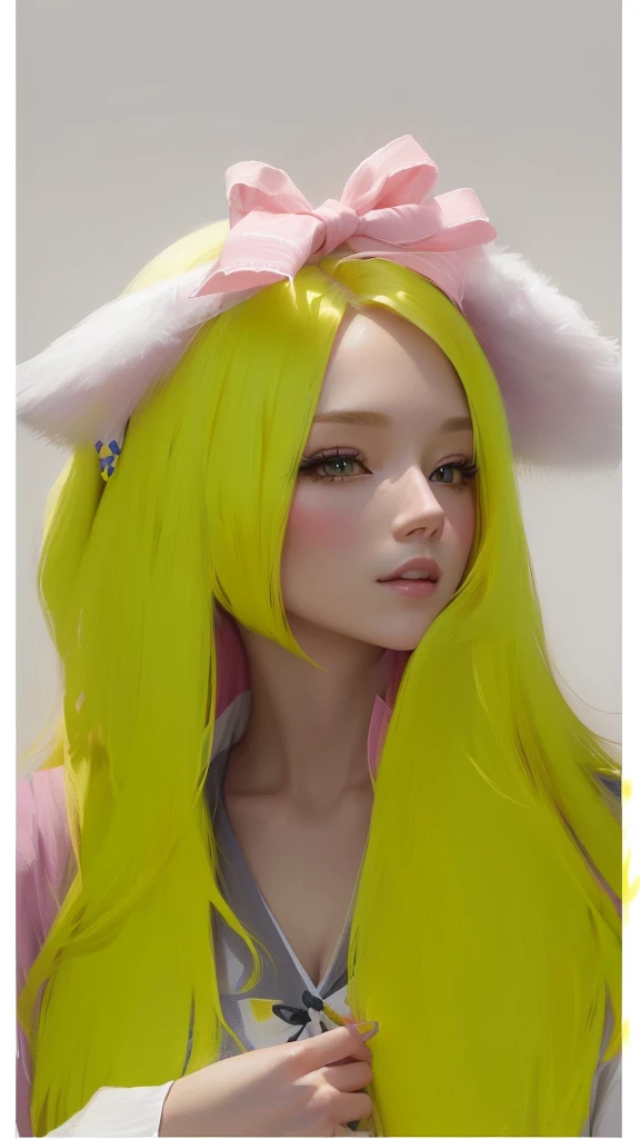 there is a woman with long Yellow hair and a pink bow, Yellow hair, painted in anime painter's studio, with rabbit ears largas y caídas, long Yellow hair, made with anime painter studio, with rabbit ears, light Yellow hair, guweiz, artwork in the style of guweiz, with big rabbit ears, CL, anime realism style, light yellow tone