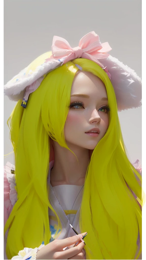 there is a woman with long Yellow hair and a pink bow, Yellow hair, painted in anime painter&#39;s studio, with rabbit ears largas y caídas, long Yellow hair, made with anime painter studio, with rabbit ears, light Yellow hair, guweiz, artwork in the style of guweiz, with big rabbit ears, CL, anime realism style, light yellow tone