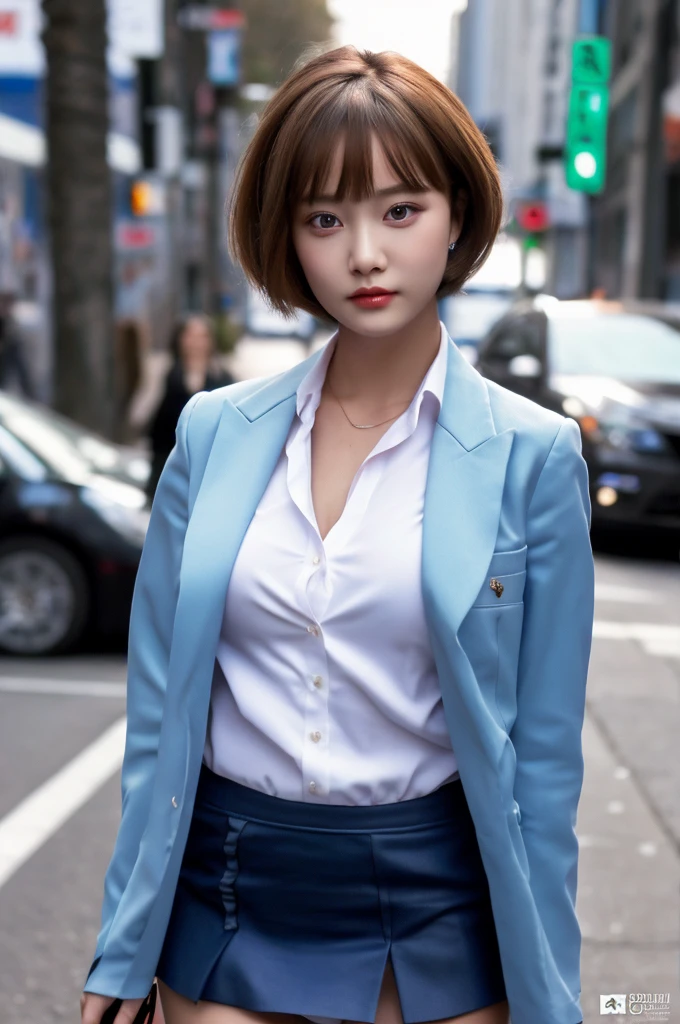a 19 year old female face of the most beautiful actress in the world, the perfect body proportions of a female, blazer is worn with formal shirt on female upper body, female crotch in panties between bare legs are seen a little thanks to skirt is too short, the short hair cut for a female, standing, at the city street, nsfw, best quality, highly detailed, masterpiece, ultra high res, photo realistic, 8k