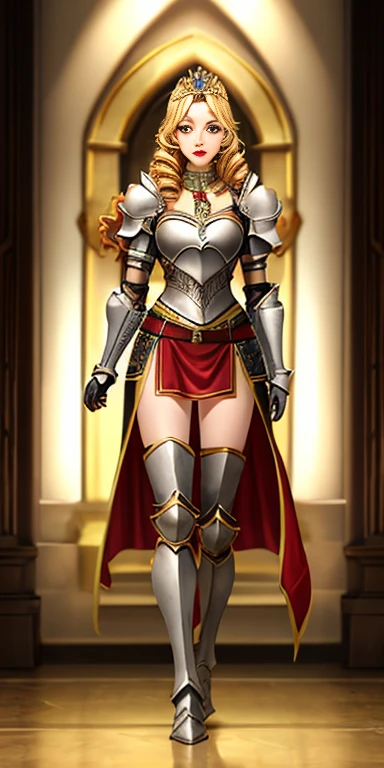 Full body Bozes 1chicasolo, long_Hair, rubio_Hair, Brown_eyes, jewelry, superior_body, lipstick, pindiintes, layer, armor, Drill_Hair, tiara, corona, shoulder_armor, red gauntlets, shoulder pads, breastpline, Style_parody, Knight woman, golden curls, cheered up_Colorant, looking_in_viewer