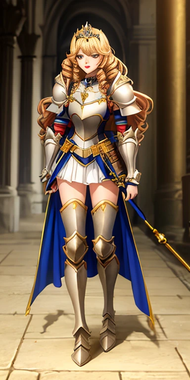 Full body Bozes 1chicasolo, long_Hair, rubio_Hair, Brown_eyes, jewelry, superior_body, lipstick, pindiintes, layer, armor, Drill_Hair, tiara, corona, shoulder_armor, red gauntlets, shoulder pads, breastpline, Style_parody, Knight woman, golden curls, cheered up_Colorant, looking_in_viewer