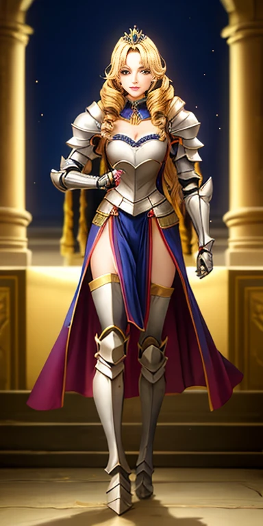 Full body Bozes 1chicasolo, long_Hair, rubio_Hair, Brown_eyes, jewelry, superior_body, lipstick, pindiintes, layer, armor, Drill_Hair, tiara, corona, shoulder_armor, red gauntlets, shoulder pads, breastpline, Style_parody, Knight woman, golden curls, cheered up_Colorant, looking_in_viewer