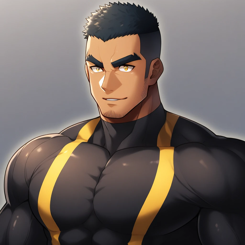 anime characters:Gyee, Muscle Sports Student, negro black skin, 1 dark skin muscular tough guy, Manliness, male focus, Yellow and black striped high collar long sleeve tight T-shirt, Slightly transparent material, Very tight, Round, full and perky chest muscles, Slightly transparent, muscular male, muscular, only, Upper body, alone, Black short hair, Thick eyebrows, stubble, Yellow eyes, Grey background, simple background, amazing quality, best aesthetics, Ridiculous, bright pupils, crew cut, parted lips, seductive smile, torogao, naughty face, drop shadow, best quality