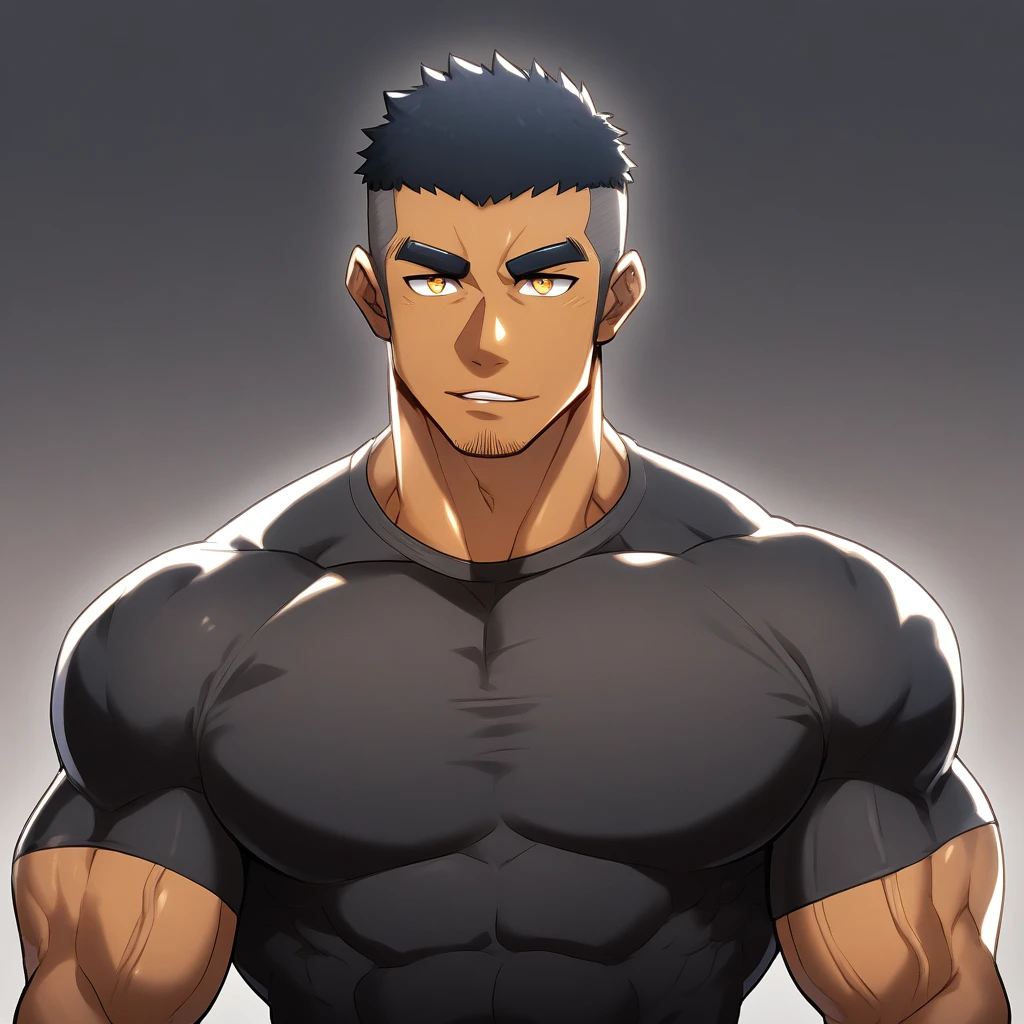 anime characters:Gyee, Muscle Sports Student, negro black skin, 1 dark skin muscular tough guy, Manliness, male focus, Yellow and black striped high collar long sleeve tight T-shirt, Slightly transparent material, Very tight, Round, full and perky chest muscles, Slightly transparent, muscular male, muscular, only, Upper body, alone, Black short hair, Thick eyebrows, stubble, Yellow eyes, Grey background, simple background, amazing quality, best aesthetics, Ridiculous, bright pupils, crew cut, parted lips, seductive smile, torogao, naughty face, drop shadow, best quality
