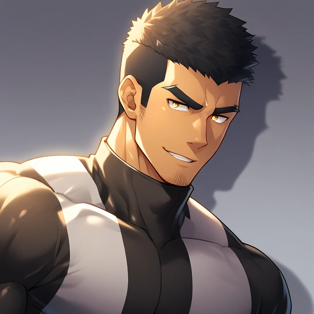 anime characters：Gyee, Muscle Sports Student, negro black skin, 1 dark skin muscular tough guy, Manliness, male focus, Yellow and black striped high collar long sleeve tight T-shirt, Slightly transparent material, Very tight, Round, full and perky chest muscles, Slightly transparent, muscular male, muscular, only, Upper body, alone, Black short hair, Thick eyebrows, stubble, Yellow eyes, Grey background, simple background, amazing quality, best aesthetics, Ridiculous, bright pupils, crew cut, parted lips, seductive smile, torogao, naughty face, drop shadow, best quality