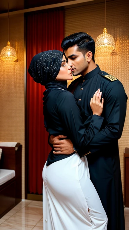 A hot fair hindu man in his pilot uniform, grabbing the boobs of a beautiful voluputous sexy muslim hijabi maid woman in abaya and kissing her neck from behind.