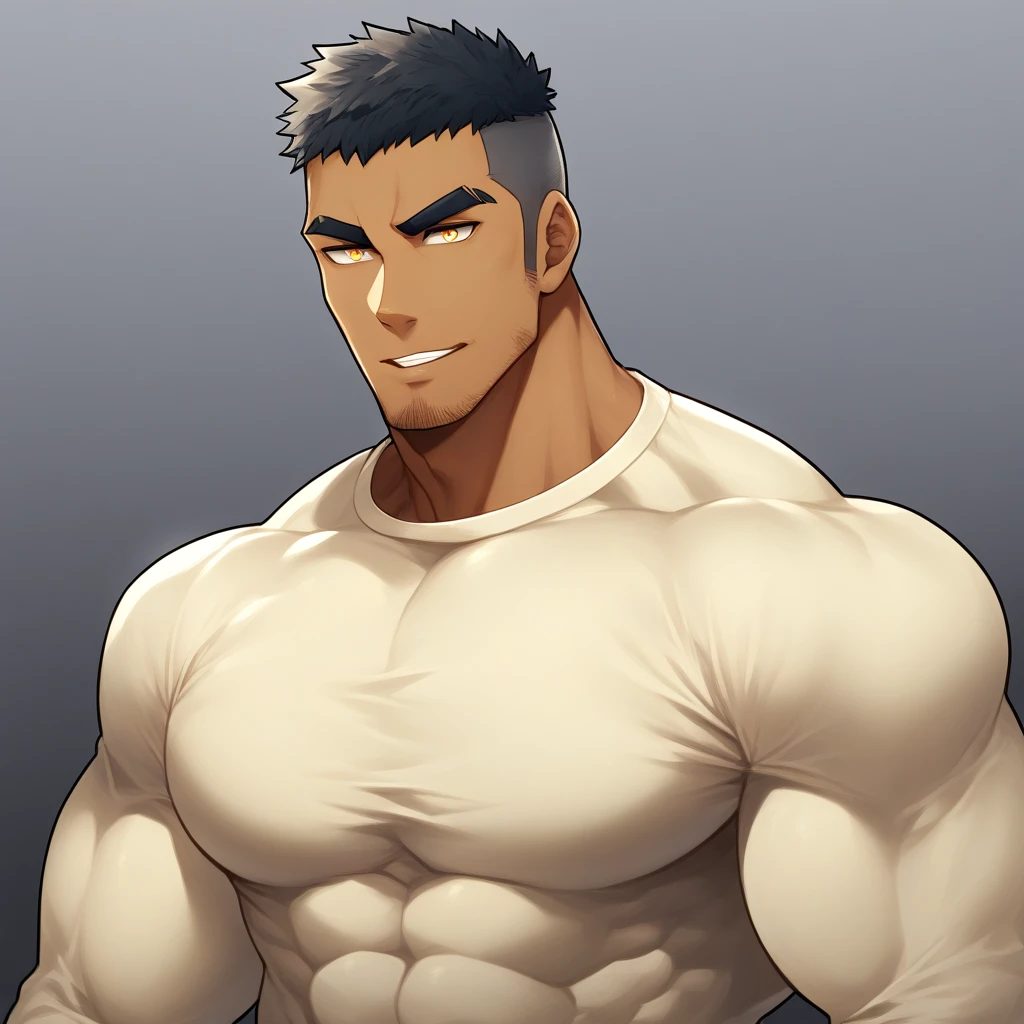anime characters:Gyee, Muscle Sports Student, negro black skin, 1 dark skin muscular tough guy, Manliness, male focus, Light yellow high collar long sleeve tight T-shirt, Slightly transparent material, Very tight, Round, full and perky chest muscles, Slightly transparent, muscular male, muscular, only, Upper body, alone, Black short hair, Thick eyebrows, stubble, Yellow eyes, Grey background, simple background, amazing quality, best aesthetics, Ridiculous, bright pupils, crew cut, parted lips, seductive smile, torogao, naughty face, drop shadow, best quality