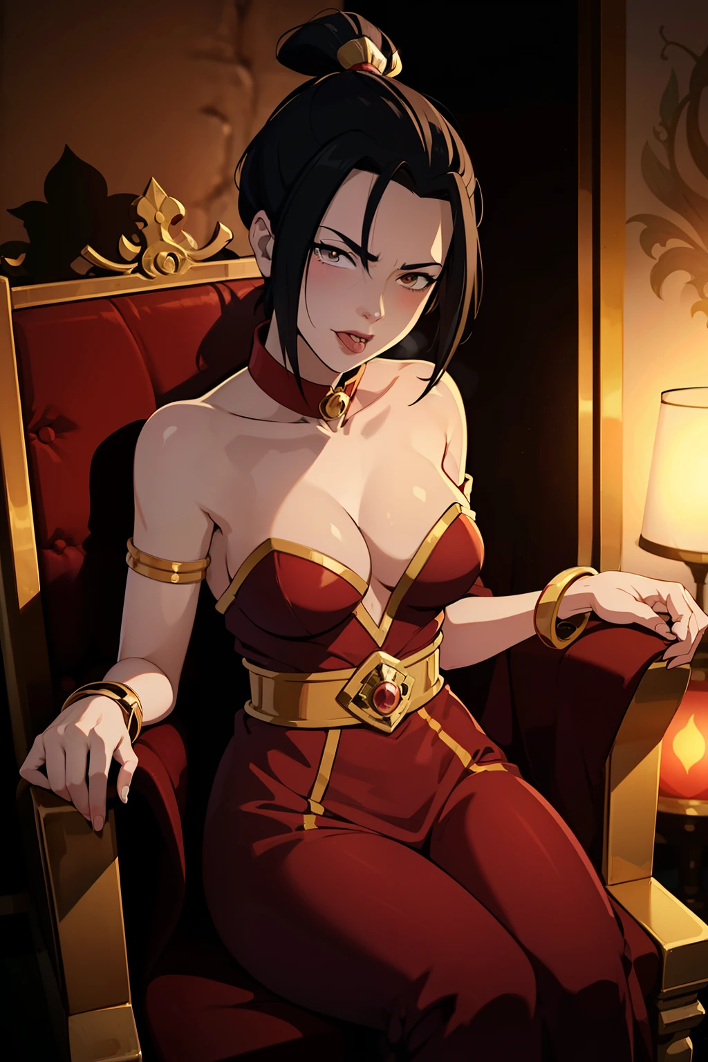 (masterpiece), (best quality), (ultra-detailed), (best illustration), (best shadow), (absurdres),, scan, (extremely detailed CG unity 8k wallpaper:1.1), highres, ambient light, (1girl), Beautiful character design, official art,extremely detailed CG unity 8k wallpaper, perfect lighting,Colorful,shiny skin, (masterpiece:1.0),(best_quality:1.0), ultra high res,4K, (dark theme:0.6), (dark shot:1.1), epic realistic, (dark shot:1.4), 80mm, (anime), (illustration), cartoon, detailed, azula, 1girl, solo, short hair, black hair, hair ornament, ponytail, brown eyes, red robe, embarrassed, blush, facing viewer, 1girl, solo, Beautiful detailed eyes, cleavage, NSFW, revealing clothing, medium breasts, sitting on throne, throne, gold armlets, gold bracelets, gold collar, sleeveless, tongue out