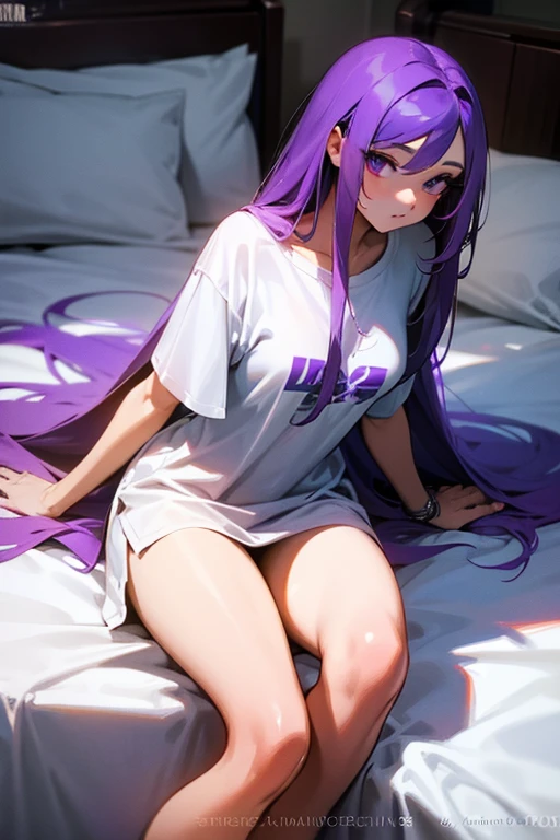 beautiful woman with long purple hair, is only wearing a shirt (T-shirt) white, big it even looks like a dress, she is not wearing any underwear. On the side of the bed (remove the watermark or anything written)