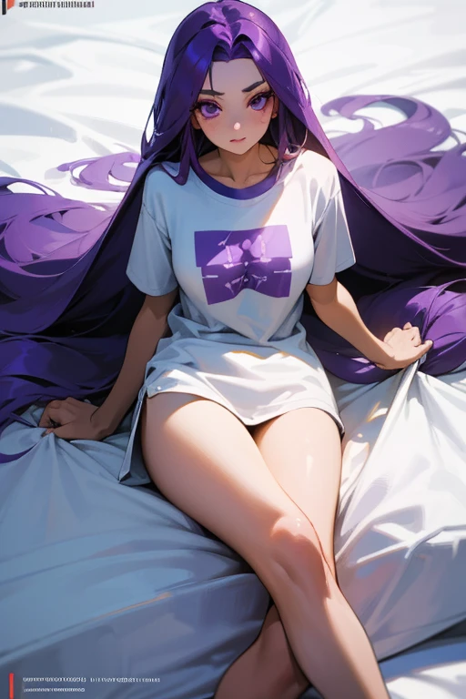 beautiful woman with long purple hair, is only wearing a shirt (T-shirt) white, big it even looks like a dress, she is not wearing any underwear. On the side of the bed (remove the watermark or anything written)