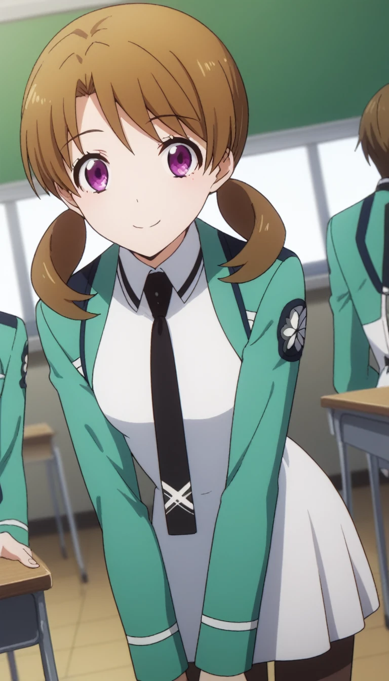 score_9, score_8_up, score_7_up, source_anime,
honokamitsui, honoka mitsui, bangs, brown hair, twintails, purple eyes, low twintails,
long sleeves, dress, , pantyhose, necktie, white dress, black necktie,
indoors, classroom, bent over, smile,
solo, dutch angle, looking at viewer, cowboy shot,