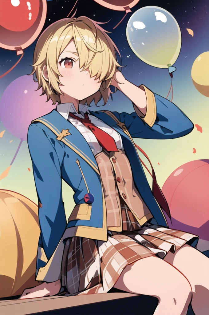 ([balloon:small planets:0.5]:1.4), (small_planets inside of balloon:1.4), (A lot of colorful small_planets:1.35)
(colorful planets, Earth, Floating Petals, big balloon:1.22),
1 Girl, Cute face,
whole body, Sitting, Beautiful eyes in every detail, barefoot, Outfit combinations, goddess, Perfect body, [Browsing Caution:0.88]
(Sitting on ice_planet:1.22)
(A lot of [Floating blue butterfly:floating ice:0.4]:1.22)
(Detailed light), (Very delicate and beautiful), Volumetric Light, Best Shadow,Cinema Lighting, Depth of written boundary, Dynamic Angle, Oily skin,(Barrette)、(((Hair on one eye)))、(((Blonde short hair))),(Red eyes)、(((Blue blazer)))、(White shirt)、(Red tie)、(((Brown plaid skirt)))、