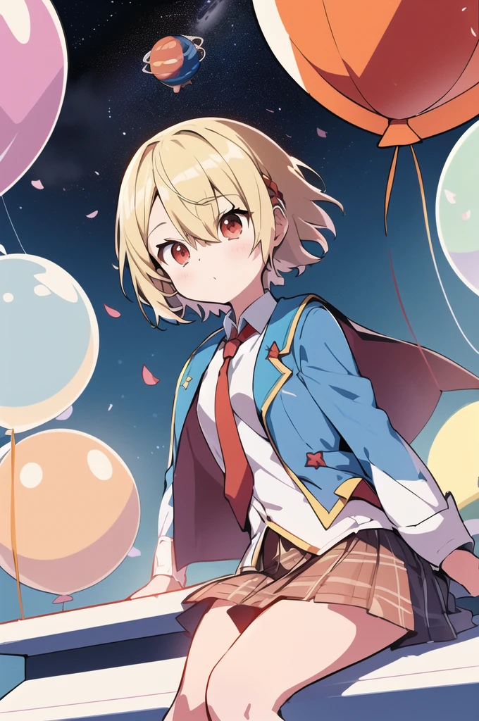 ([balloon:small planets:0.5]:1.4), (small_planets inside of balloon:1.4), (A lot of colorful small_planets:1.35)
(colorful planets, Earth, Floating Petals, big balloon:1.22),
1 Girl, Cute face,
whole body, Sitting, Beautiful eyes in every detail, barefoot, Outfit combinations, goddess, Perfect body, [Browsing Caution:0.88]
(Sitting on ice_planet:1.22)
(A lot of [Floating blue butterfly:floating ice:0.4]:1.22)
(Detailed light), (Very delicate and beautiful), Volumetric Light, Best Shadow,Cinema Lighting, Depth of written boundary, Dynamic Angle, Oily skin,(Barrette)、(((Hair on one eye)))、(((Blonde short hair))),(Red eyes)、(((Blue blazer)))、(White shirt)、(Red tie)、(((Brown plaid skirt)))、