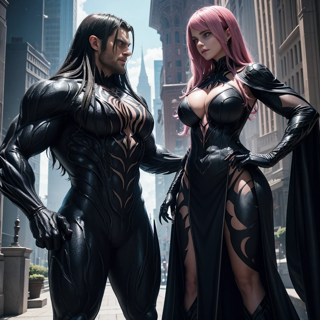 a woman, big cleavage busty, in a pink dress standing next to a monster, venomized, venom fangs, symbiote, giga chad, emma watson as giant man, female superhero proportions, accurate fictional proportions, size difference, venomfang, venom symbiote, giga chad capaybara, venom, incredibly strong and tall, venomize, my dress-up darling