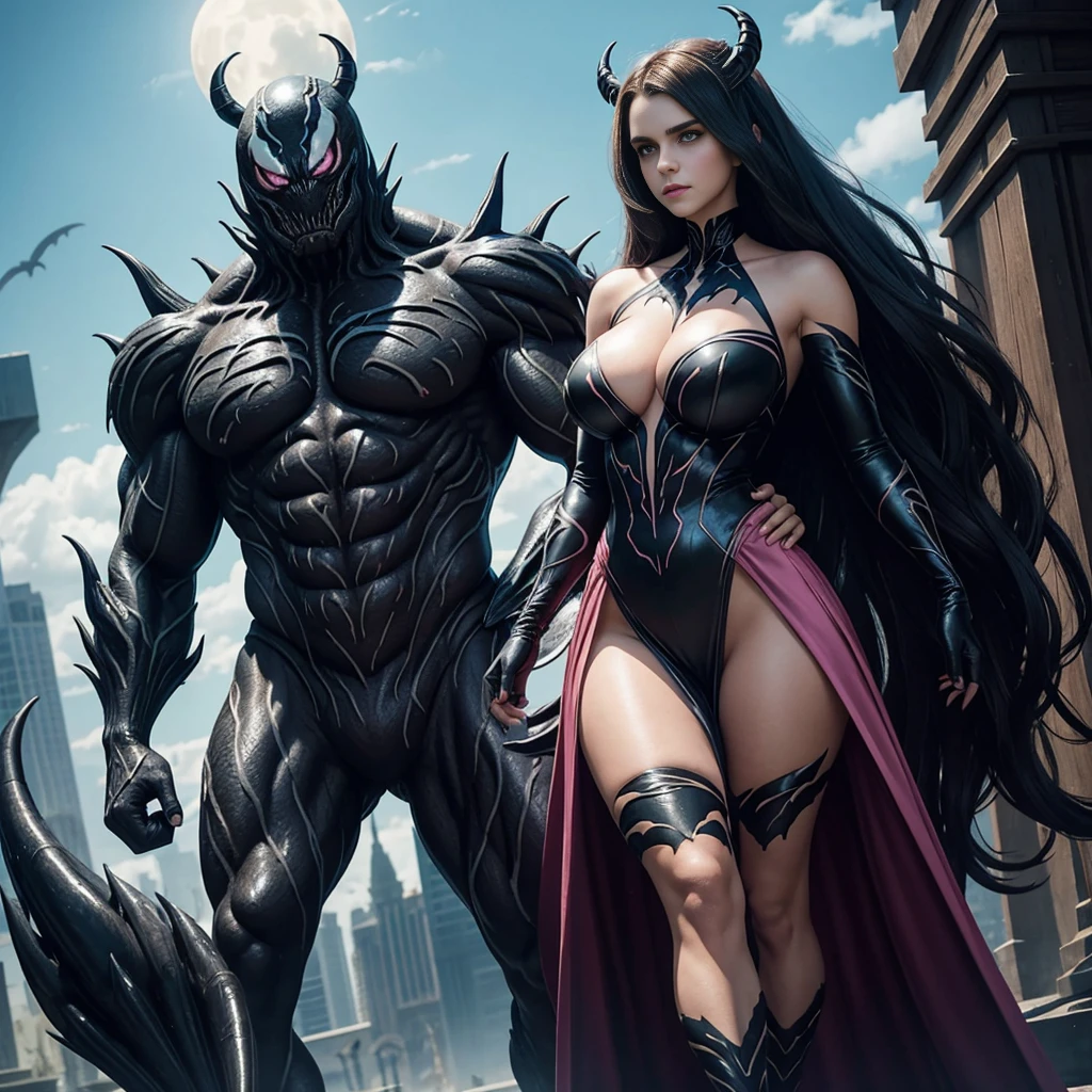 a woman, big cleavage busty, in a pink dress standing next to a monster, venomized, venom fangs, symbiote, giga chad, emma watson as giant man, female superhero proportions, accurate fictional proportions, size difference, venomfang, venom symbiote, giga chad capaybara, venom, incredibly strong and tall, venomize, my dress-up darling