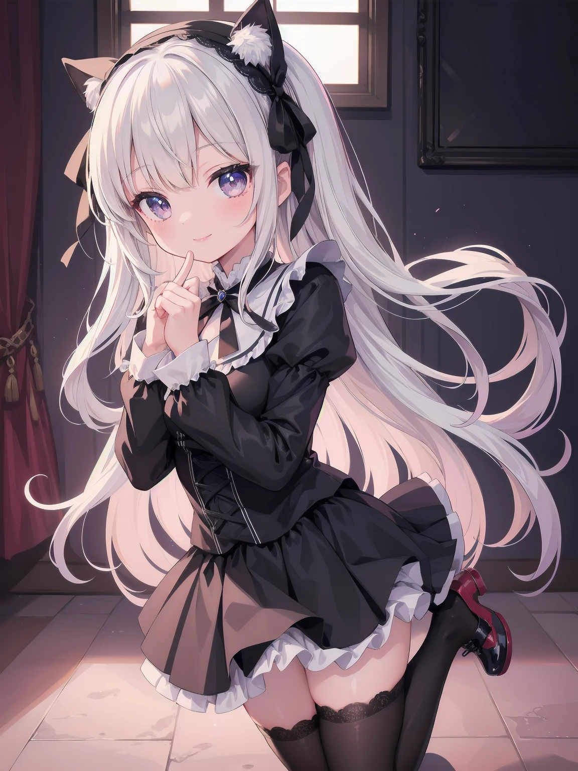 Masterpiece, Details, Solo, 1 Girl, Middle School Girl, Slender, , Fluffy Girlishly Cute and Stylish Attire, Fururu, Lace, Gothic Lolita Dress, Hair Ribbon, Smile, Black Tights, Cute Underwear, Stylish Hair, Big Eyes, Full Lips, White Catsuit, Princess Shoes, Beauty Legs, hair ribbon, hair band, pleated skirt, stirring motion, staring at you on date, sharp focus, perfect face, detailed face and eyes, dynamic, lively, shadows, colorful, mysterious, movie lighting, cute pose for model shoot

