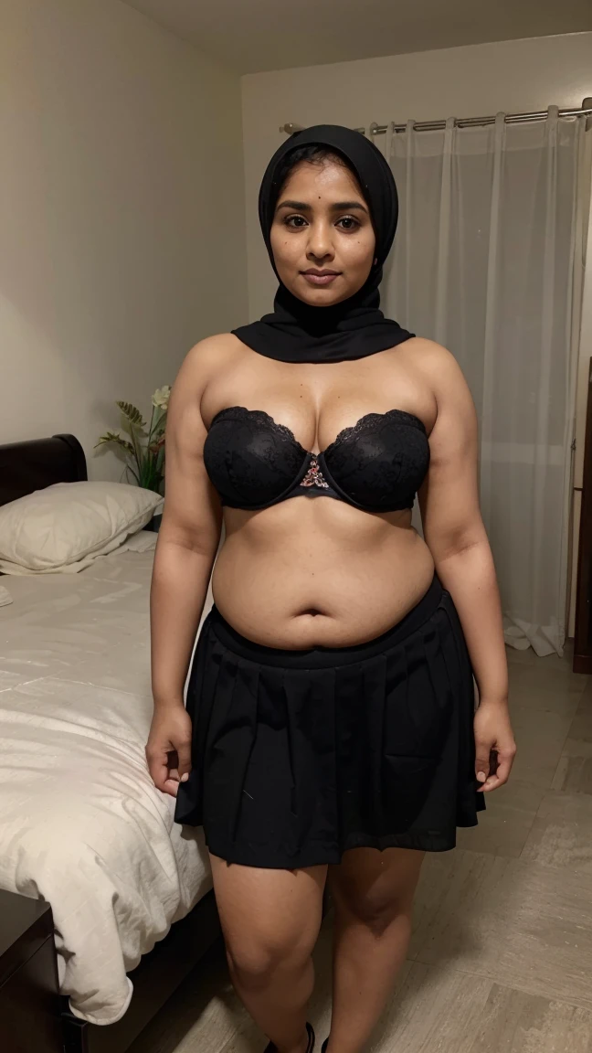 Realistic, 4K,38 yo, indian Kerala chubby fat hijab housewife,wearing strapless black bra and skirt, fair skin, standing at bedroom , showing cleavages